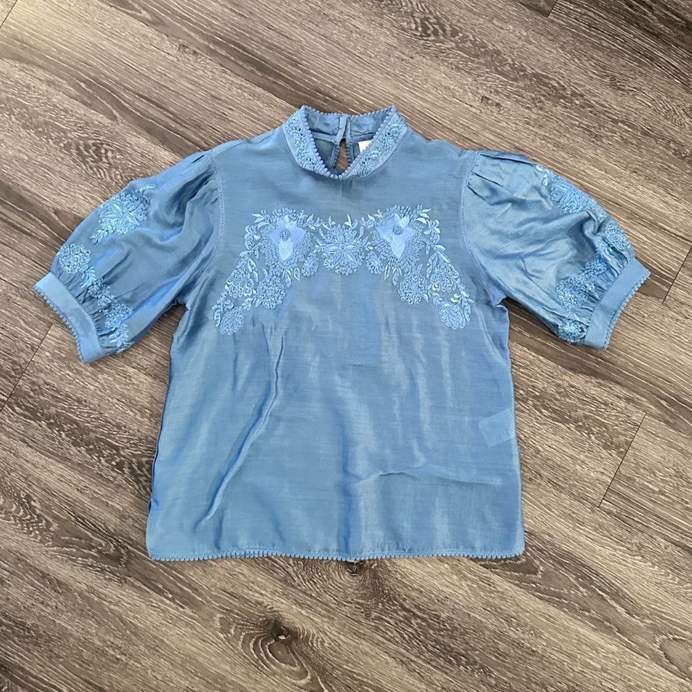 Payal Jain Carrington Embroidered Puff-Sleeved Blue Blouse